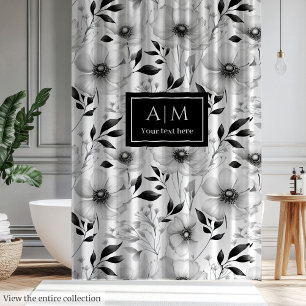 Para Box Cortina de chuveiro de flores preto e branco elega