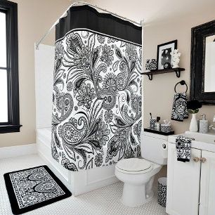 Para Box Cortina de chuveiro paisley preta e branca