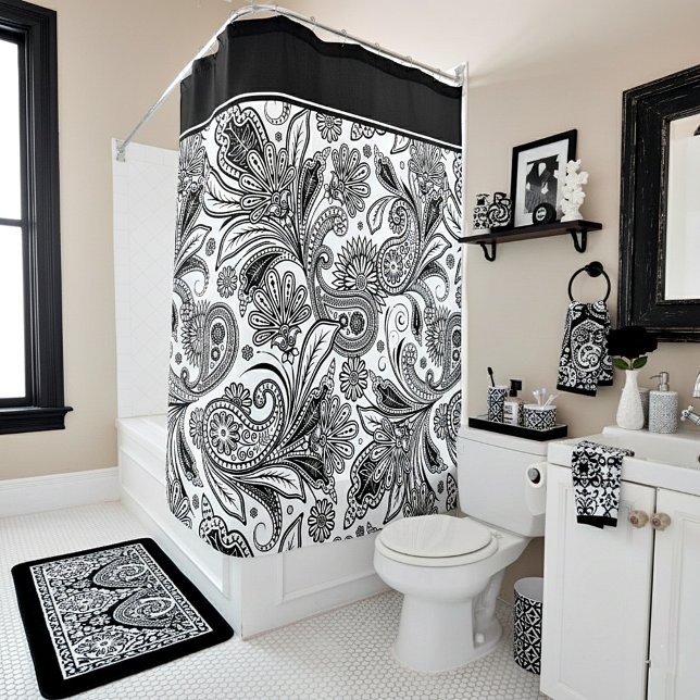 Para Box Cortina de chuveiro paisley preta e branca (Criador carregado)