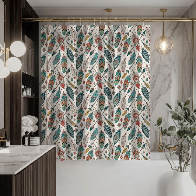 Para Box Cortina de Padrão de Pena Estilo de Banho Étnico T (Feather Pattern Curtain Tribal Ethnic Bath Style)