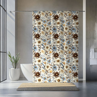Para Box Cortina Floral Azul Pó Rosa Flores Marrom Boho Chi