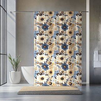 Para Box Cortina Opulenta Boho Naval Azul Floral Marfim par