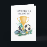 Para Cartão De Aniversário De Futebol Do Son Sport<br><div class="desc">Jogo desportivo encantador,  filho de um cartão de aniversário feliz. Perfeito para um garoto especial. Design exclusivo para a marca de placas de elefante verdes.</div>