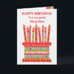 Para Cartão De Bolo De Aniversário Personalizado E<br><div class="desc">Você pode adicionar a idade a este cartão de aniversário brilhante para seu enteado, com um bolo de aniversário de morango. O bolo tem muitas velas com diferentes padrões e há uma banda com padrões em volta do bolo com frutas coloridas de verão - morangos, framboesas, limões e fatias de...</div>
