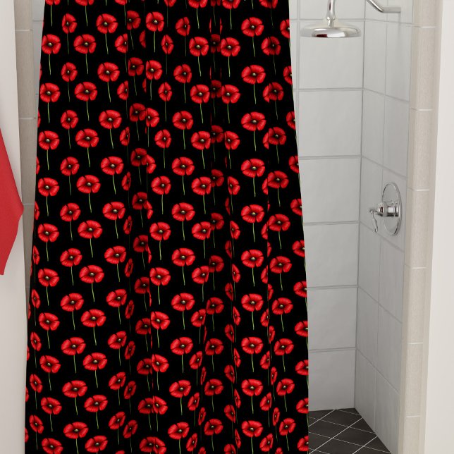 Para Chuveiro Padrão de papoila vermelha na cortina Chá preta (Pop a pop of color in your bathroom with this poppy pattern shower curtain)