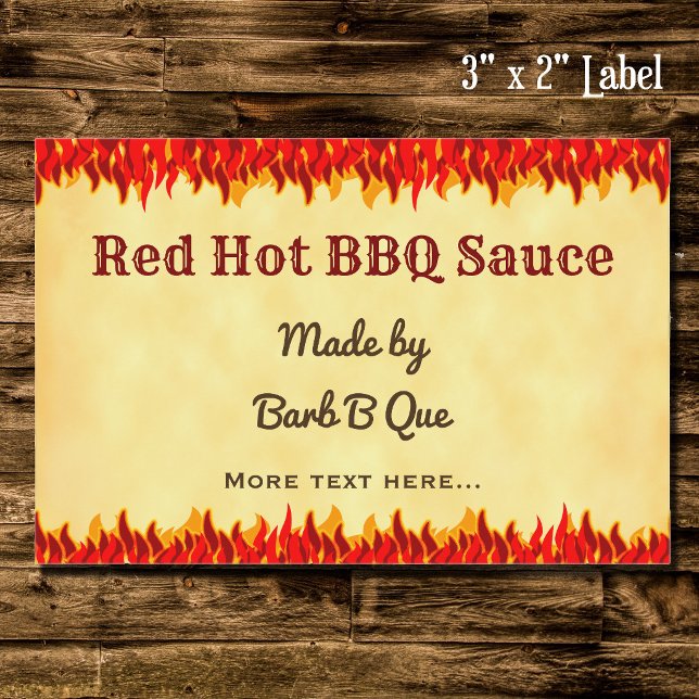 Para Comida Rótulo de Molho Quente BBQ Retro Editável Chamas V (BBQ Red Flames Editable 3 x 2 Label)
