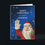 Para Deus, um cartão de Natal de Papais noeis<br><div class="desc">Um cartão de Natal divertido com o Papai Noel acenando.  Atrás dele podemos ver flocos de neve caindo. Um cartão de Natal não religioso adequado para um afilhado.</div>