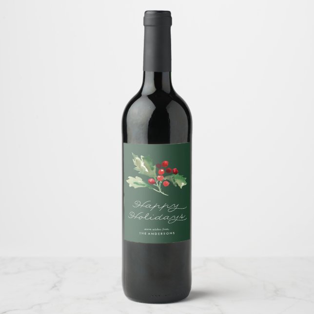 Para Garrafa De Vinho Rótulo Clássico Holly Berry Wine (Frente)