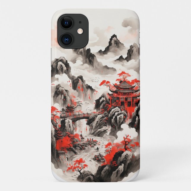 Para iPhone 11 Capa de telefone de Tinta Chinesa - Vermelho Monta (Verso)