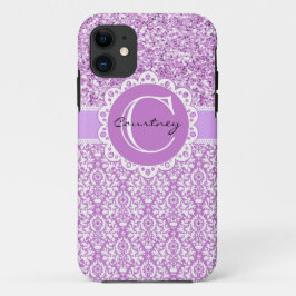 Para iPhone 11 Capa Roxa com Lantejoulas e Damask c/ Nome e Inici