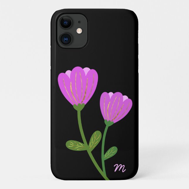 Para iPhone 11 Flores rosa na Capa de telefone preta (Verso)