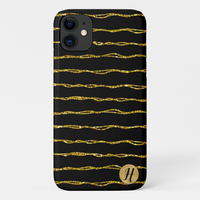 Para iPhone 11 Glitter Dourado e Capa de telefone preta (Verso)