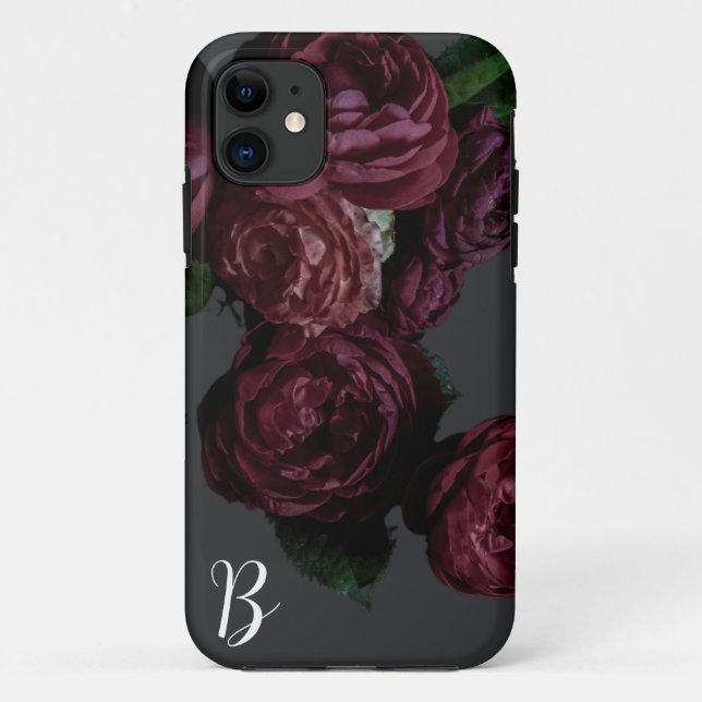 Para iPhone 11 Rosa Floral Escuro Elegante - Capa de telefone Mon (Verso)