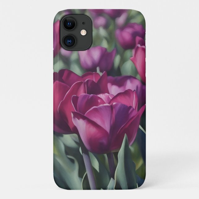 Para iPhone 11 Tulipas Roxas Estilo de Aquarela Capa de telefone  (Verso)