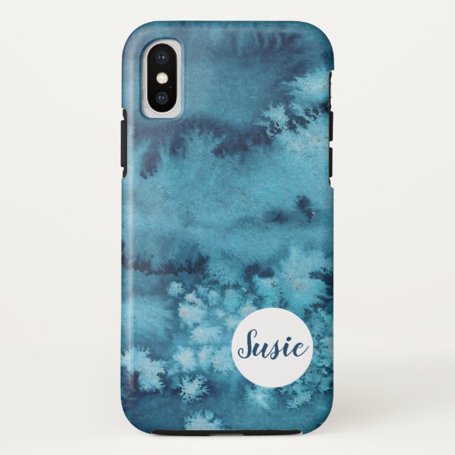 Para iPhone, Case-Mate Capa de telefone de aquarela abstrato azul com nom (Verso)