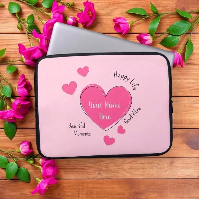 Para Notebook Capa de Laptop Corações Rosas Personalizada (Fully customizable pink hearts laptop case with editable text)