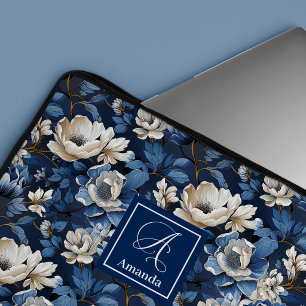 Para Notebook Capa de Laptop Designer Flores Azul Glam e Marfim