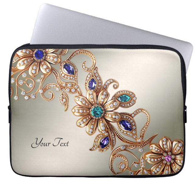 Para Notebook Elegante capa de laptop com flores de joias dourad (Frente)