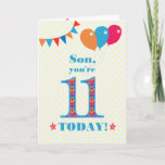 Para o Cartão de Balões de Bunting Son 11 Birthday<br><div class="desc">Um cartão de aniversário colorido para um filho de 11 anos, O grande número 11 está cheio de um padrão laranja, vermelho e azul, esboçado em azul brilhante. Há balões e bunting no topo, em cores coincidentes e a saudação do cobrir é, "Filho, você tem 11 anos hoje!" em letras...</div>