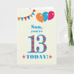 Para o Cartão de Balões de Bunting Son 13 Birthday<br><div class="desc">Um cartão de aniversário colorido para um filho de 13 anos, O grande número 13 está cheio de um padrão laranja, vermelho e azul, esboçado em azul brilhante. Há balões e bunting no topo, em cores coincidentes e a saudação do cobrir é, 'Filho, você tem 13 anos hoje!' em letras...</div>