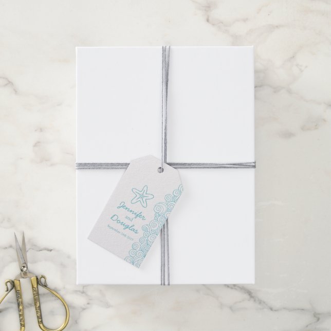 Para Presente Aqua Blue Starfish - etiqueta de casamento (Com cordão)