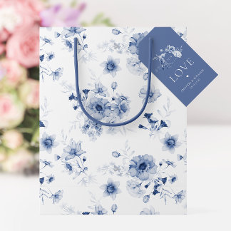 Para Presente Etiqueta de Favor Floral Azul Dusty com "Amor"