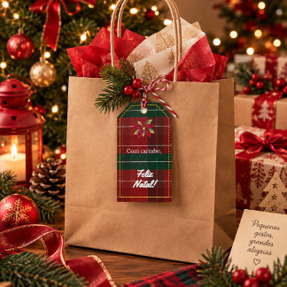 Para Presente Etiqueta de Natal Xadrez Vermelho e Verde Poinsett