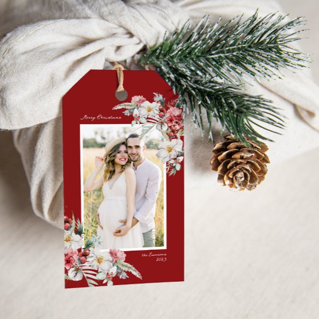 Para Presente Etiqueta de presentes Botânica de Natal (Holiday Red Photo Merry Christmas Gift Tag With Message Watercolor Berries Floral Boho Chic)