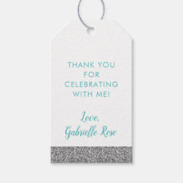 Para Presente Glitter de Prata e Etiqueta de Favor Azul-Teal de 