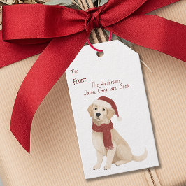 Para Presente Golden Retriever com chapéu de Papai Noel etiqueta