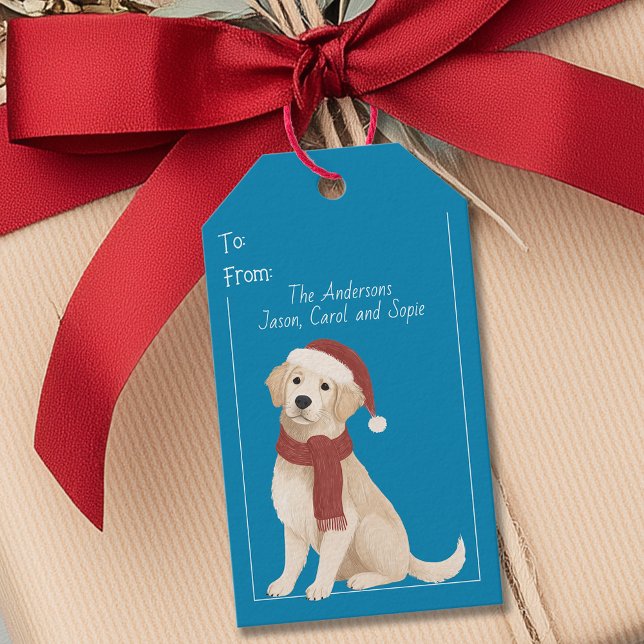 Para Presente Ilustração de Cachorro Azul com a Etiqueta de Nata (Blue Dog Illustration Santa Hat Christmas Gift Tag)