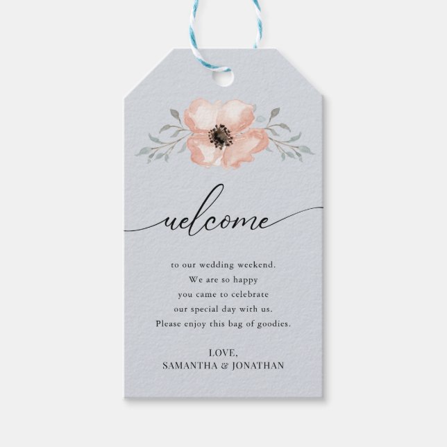 Para Presente Peach Flowers Dusty Blue Wedding Bote com Etiqueta (Frente)