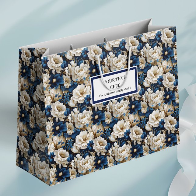 Para Presentes Grande Suntuosa Sacola de Presente Floral Branco Marfim E (Opulent Navy White Ivory Floral Elegant Gift Bag)