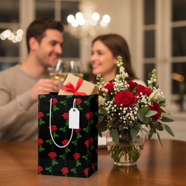 Para Presentes Média Elegante Sacola de Presente Preta com Rosas Vermel (Criador carregado)
