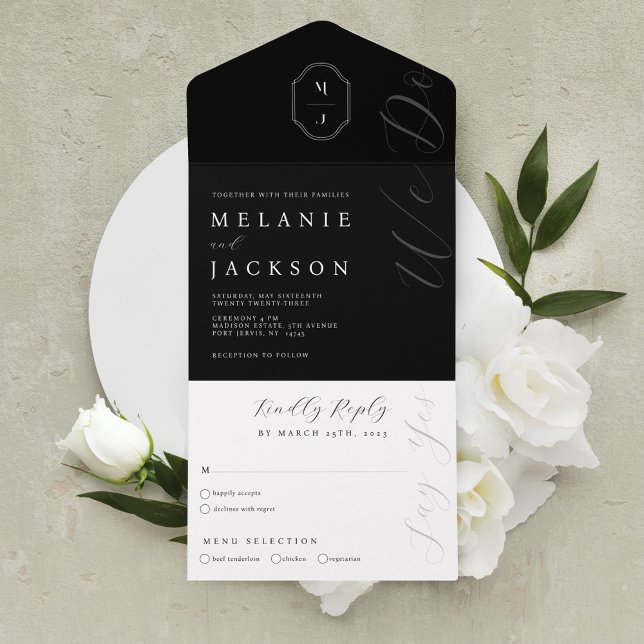 Parada Mínima de Monograma Personalizado Preto e B (Minimal Black & White Personalized Monogram Crest All In One Invitation)