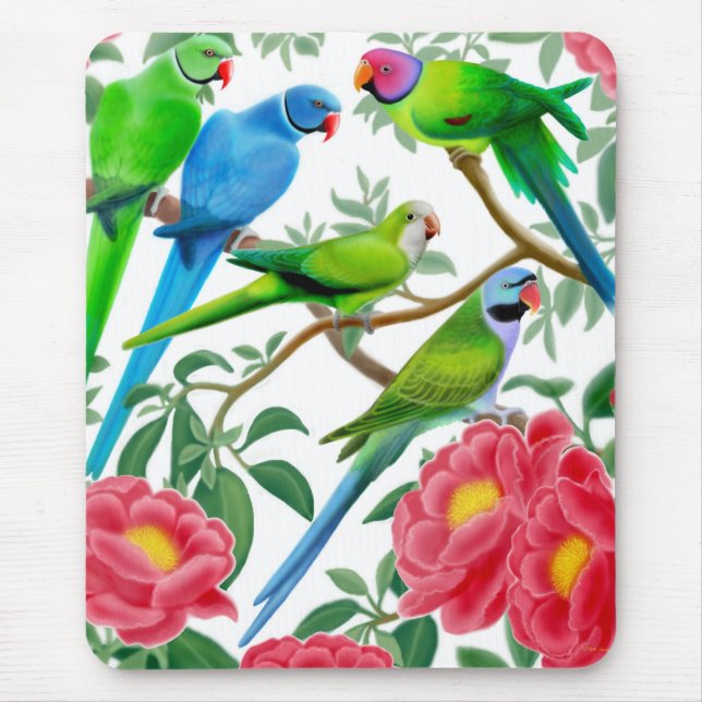 Parakeets e peônias Mousepad (Frente)