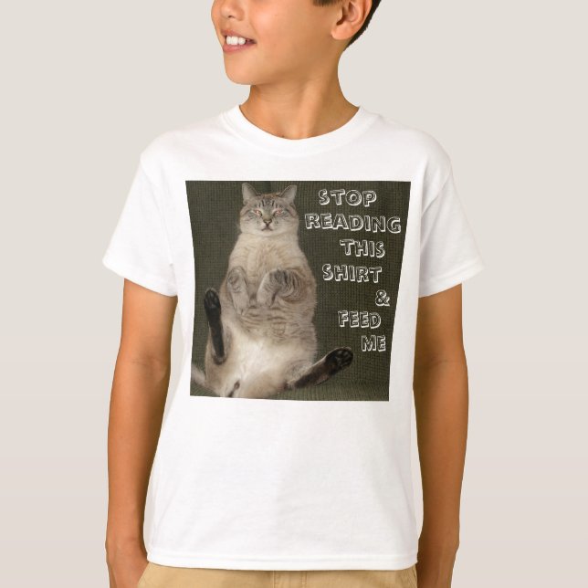 PARE DE Gato LENDO CAMISA E ME ALIMENTE Crianças B (Frente)