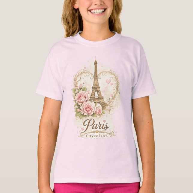 Paris City of Love Eiffel Tower Floral T-Shirt (Frente)