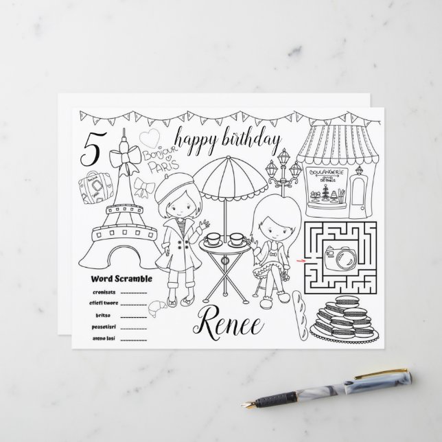 Paris Eiffel activity color sheet placemats (Frente/Verso In Situ)