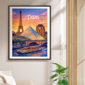 Paris Retro Travel Poster - Eiffel Tower & Louvre 