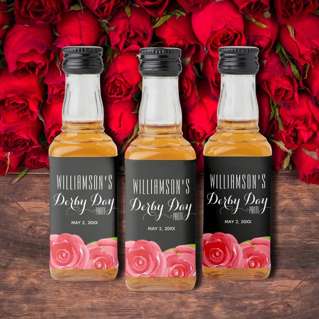 Parte Derby de Rosas vermelhas de Aquarela Mini (Watercolor Red Roses Derby Party Personalized Mini Liquor Bottle Labels)