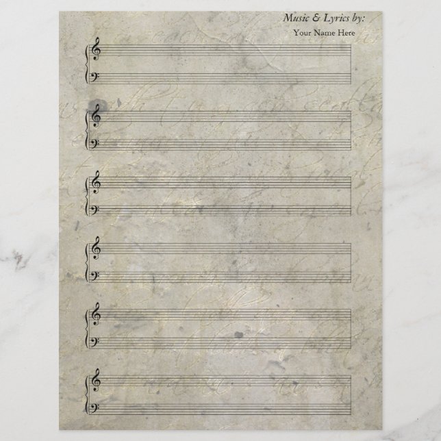 Partitura de Piano Antiga Manchada 6 Linhas (Frente)