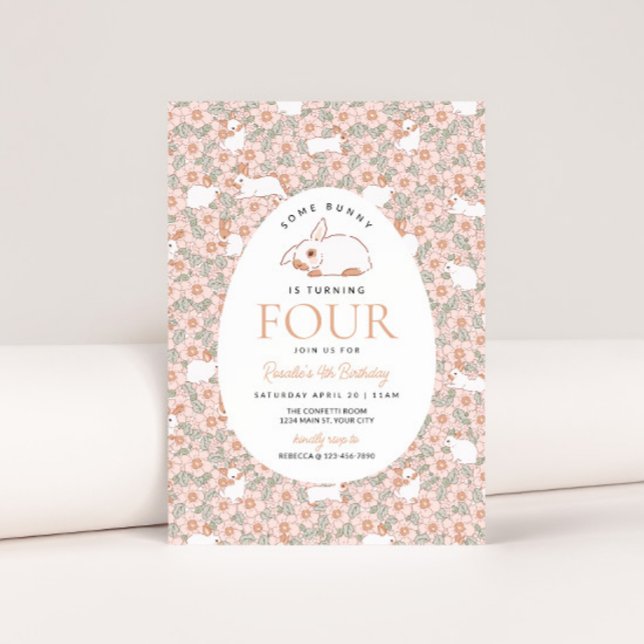 Páscoa Bunny Girls 4º Convite de Aniversário (Easter Bunny Girls 4th Birthday Party Invite)
