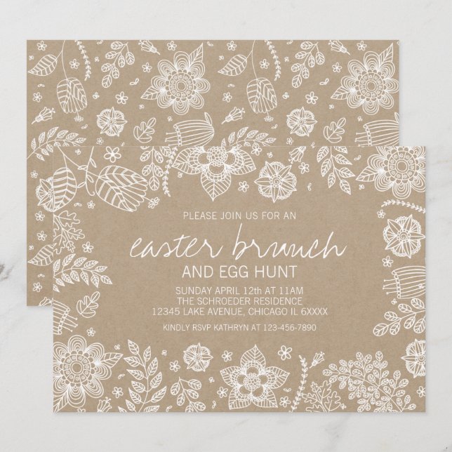 Páscoa Floral Rustic Kraft Brunch e Cartão de Caça (Frente/Verso)