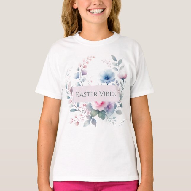 Páscoa Vibes Crianças Camisa T com Fundo Floral (Frente)