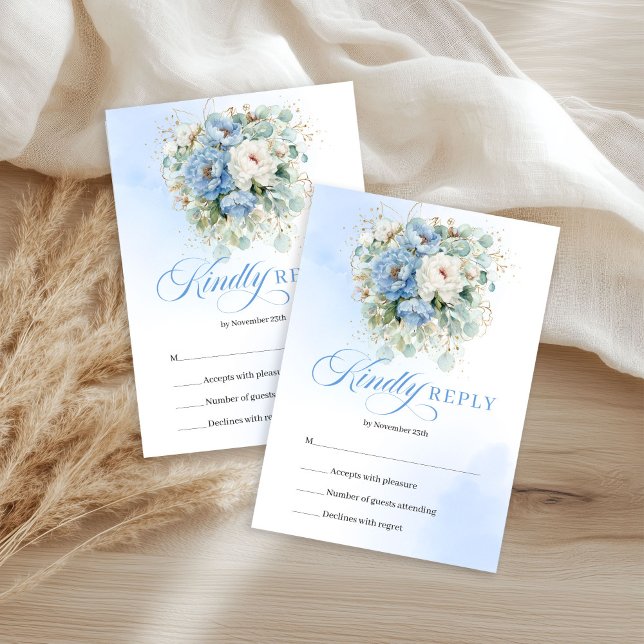 Passado Romântico Azul Floral Eucalipto RSVP (Romantic Pastel Blue Floral Eucalyptus RSVP)