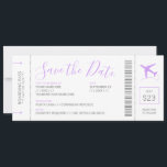 Passagem de Embarque Salve a Data Convite Plano Li<br><div class="desc">Cartão de embarque salve a data de anúncio de convite para uma recepção de viagem de destino com logotipo de avião roxo de orquídea lilática lavanda, tipografia projetada profissionalmente e espaço para muitas informações de viagem convidado e detalhes de recepção em casa no verso. Cada bit deste tíquete de avião...</div>