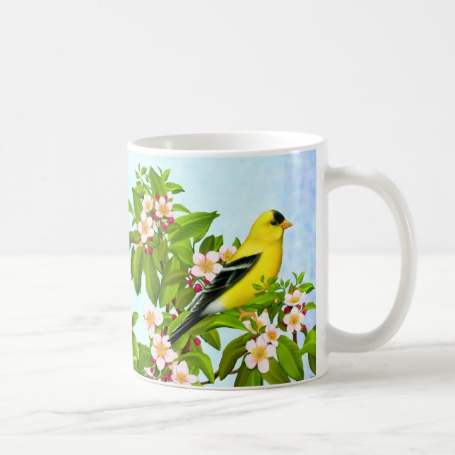 Pássaro americano do Goldfinch na caneca da árvore (Direita)