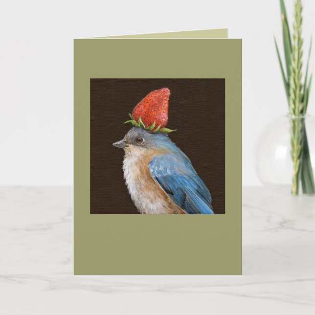 pássaro azul fêmea com cartão de morango (Frente)