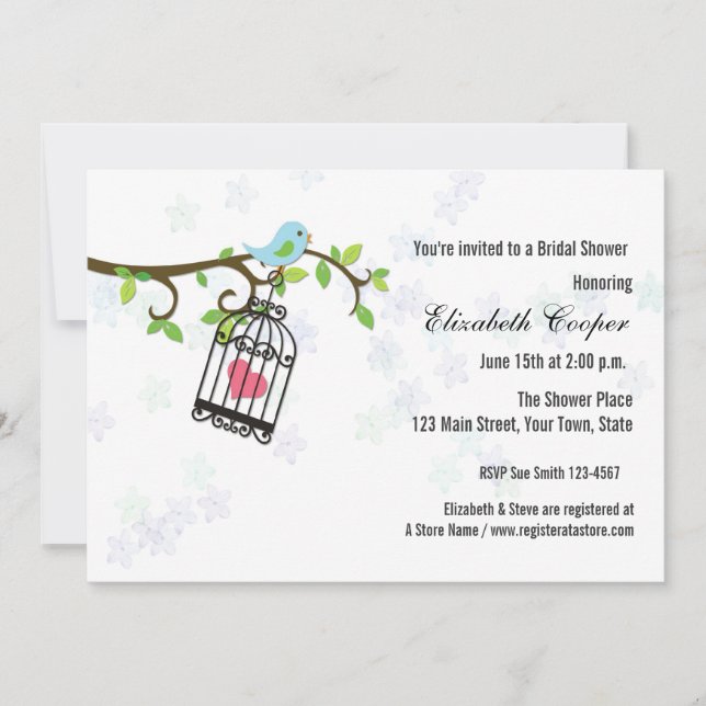 Pássaro azul, gaiola de pássaro, convite do chá (Frente)